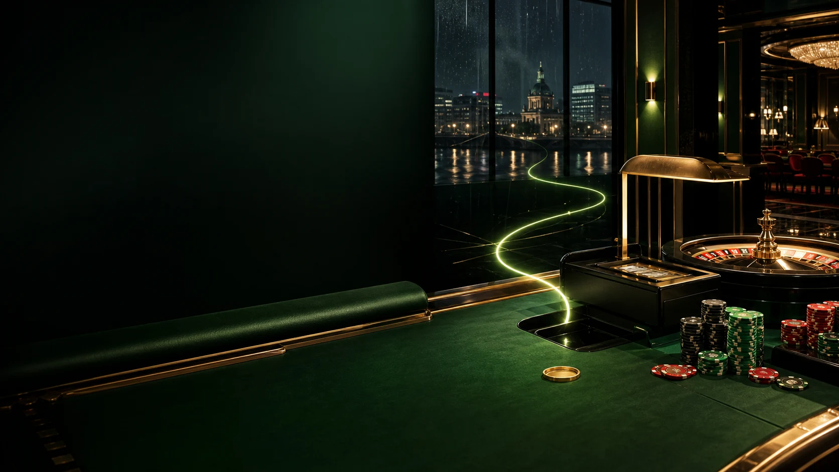 Emerald casino cashier floor with roulette table and chips